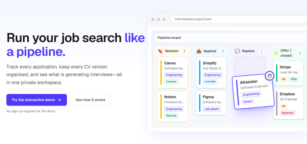 InterviewAlpha homepage hero with pipeline preview