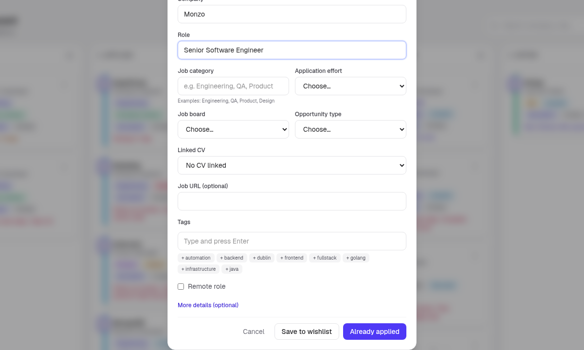 New application form with Company, Role, and save options