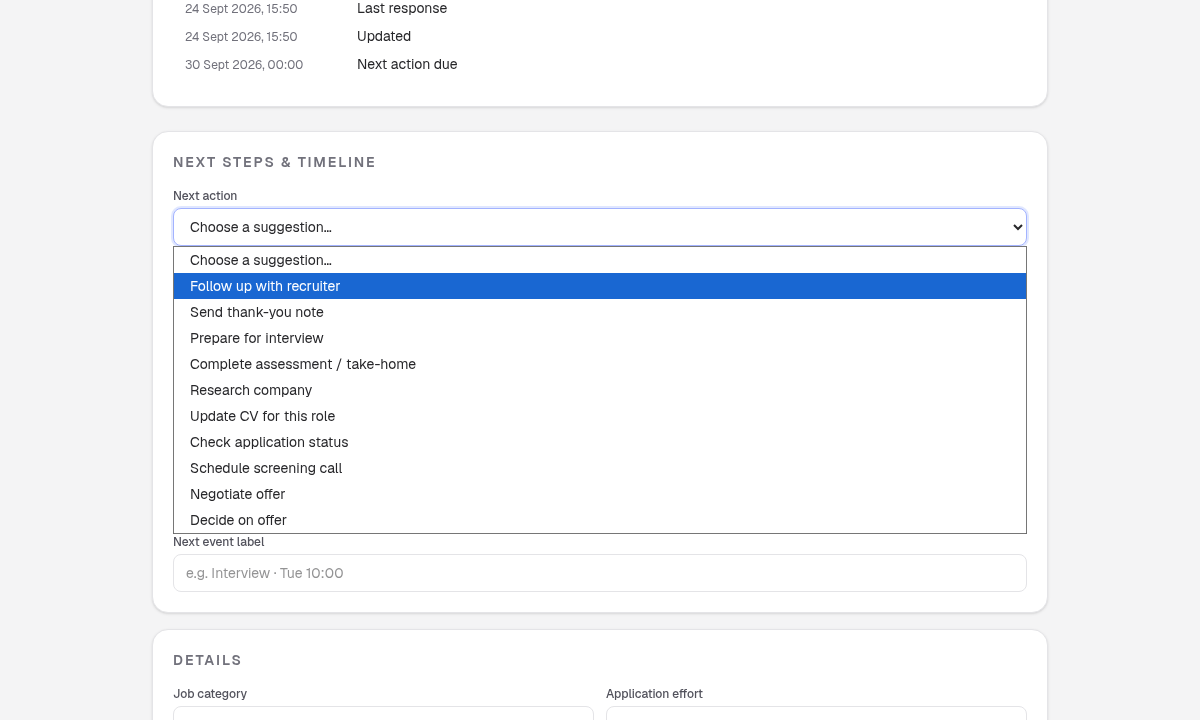 Next action suggestion list open, with free-text box below