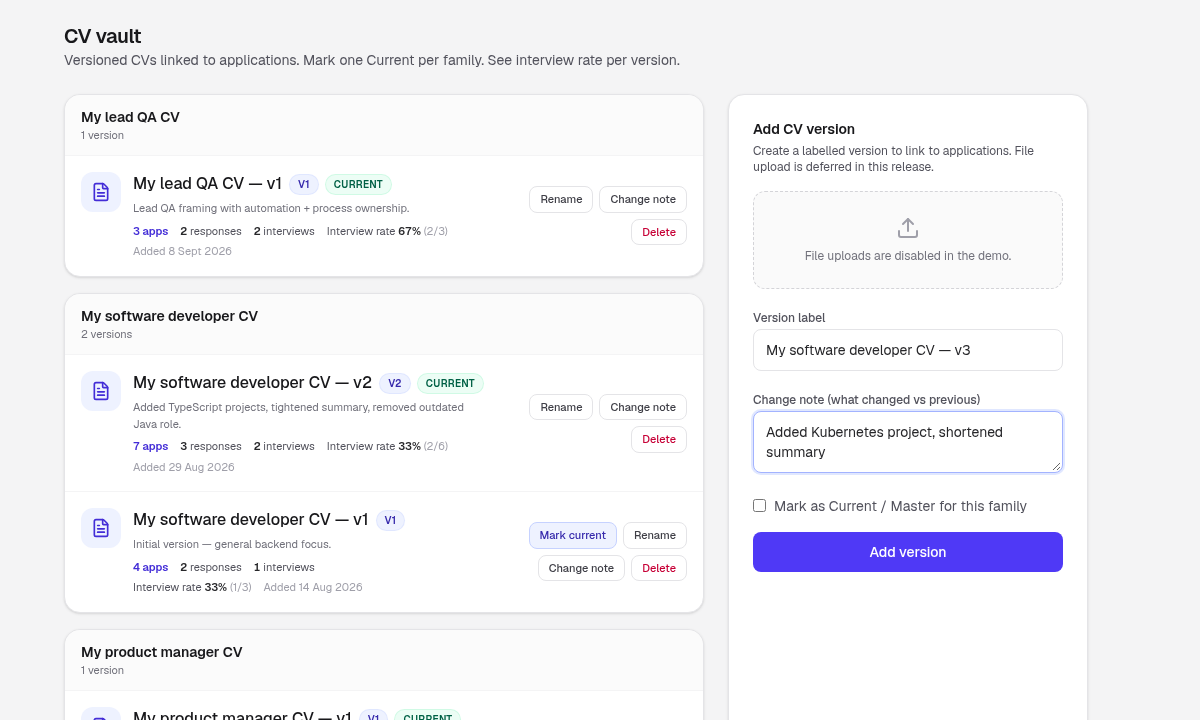 Add CV version form showing uploads disabled in the demo